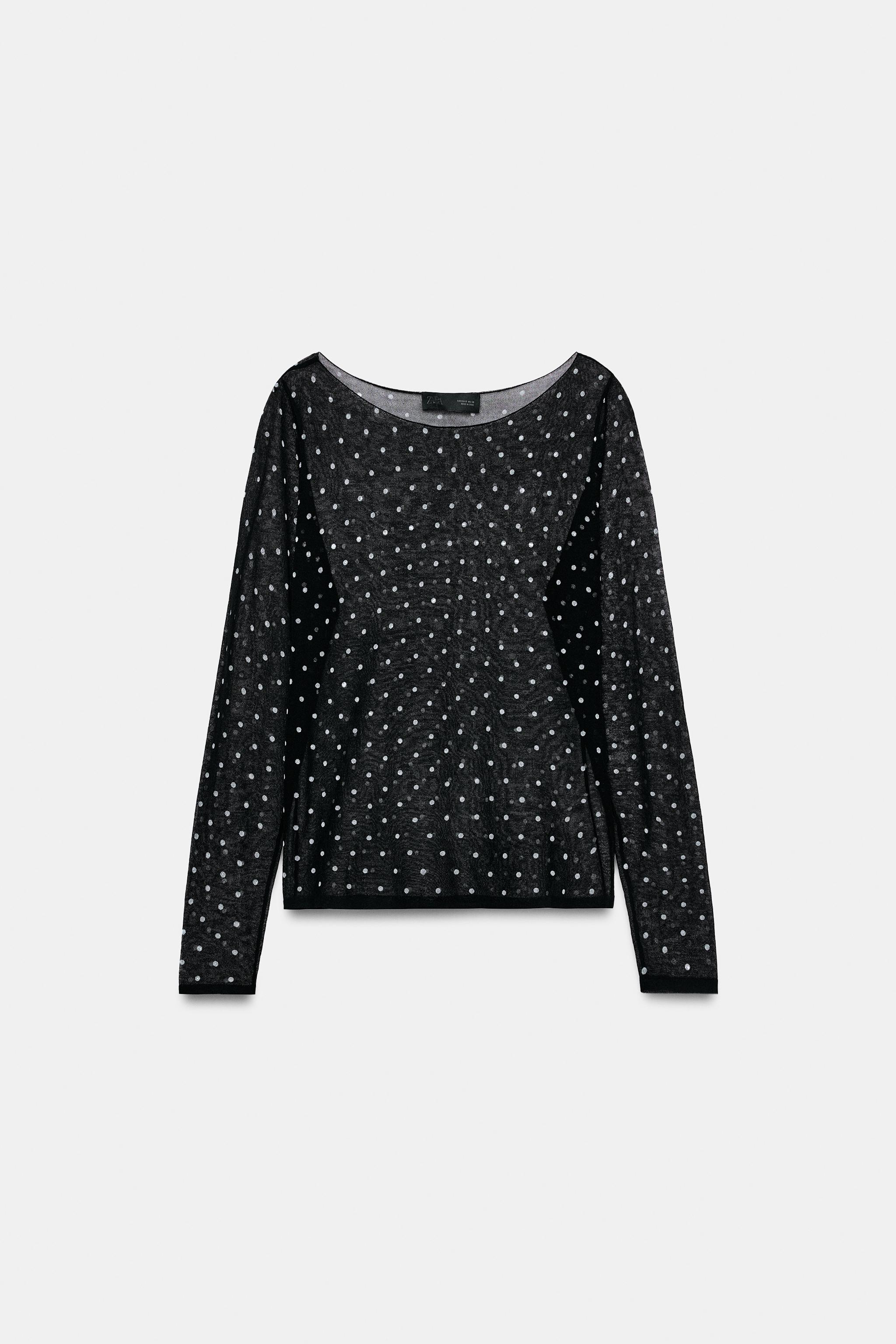 SEMI-SHEER KNIT DOT TOP — Black