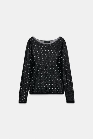 ドット柄セミシースルーニットトップスブラックZaraのドット柄セミシースルーニットトップス - ブラック 