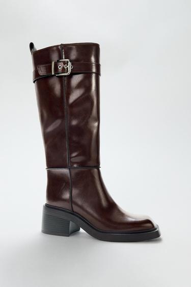 CONTRAST TOPSTITCH KNEE-HIGH BOOTS - Burgundy Red by Zara