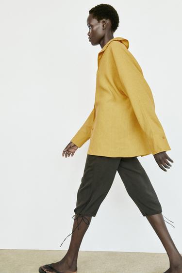 Zara Flowing linen blend shirt with statement collar - Mustard