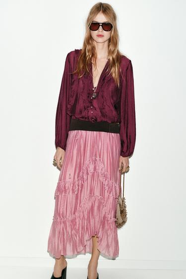 Zara RUFFLED BLOUSE - Burgundy
