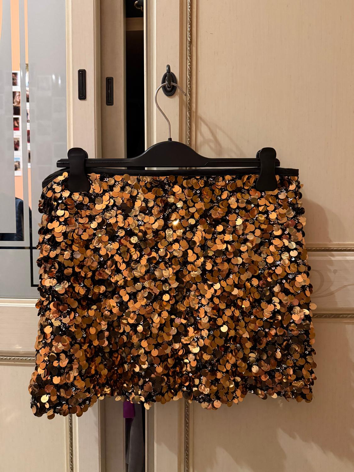 Short gold sequined skirt hanging on a black hanger, against a backdrop of light wooden wardrobe doors.