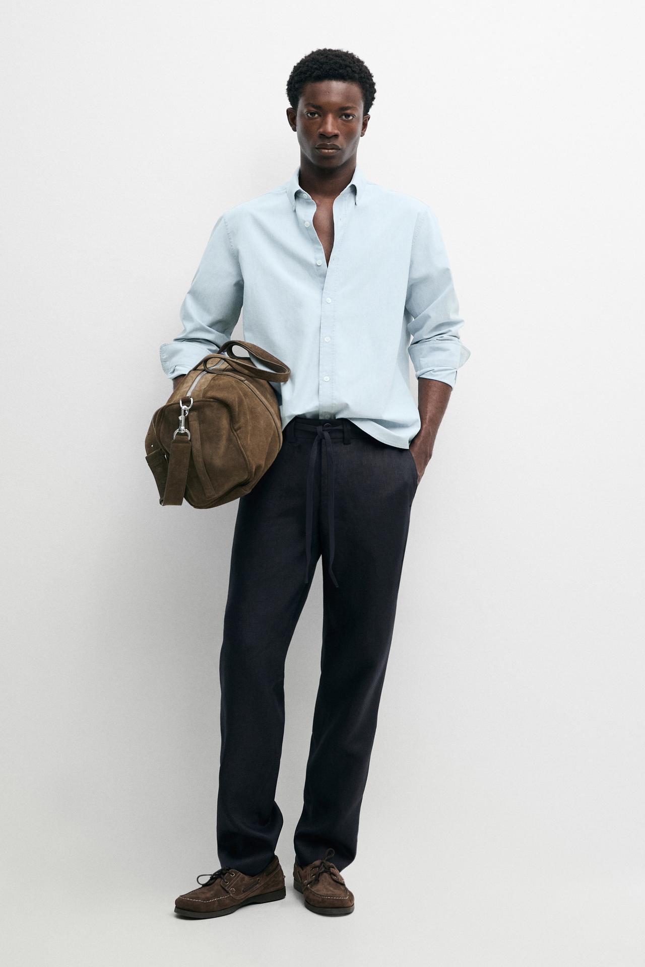100% linen trousers with elasticated waist — Deep blue