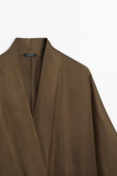 Satin wrap blouse with batwing sleeves — Maroon Grey 2