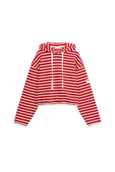 MOLETOM CROPPED DE ALGODÃO LISTRADO - Branco / Vermelho da Zara
