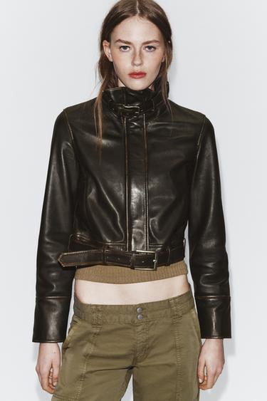 CAZADORA PIEL 100% DESGASTADA - Marrón oscuro de Zara