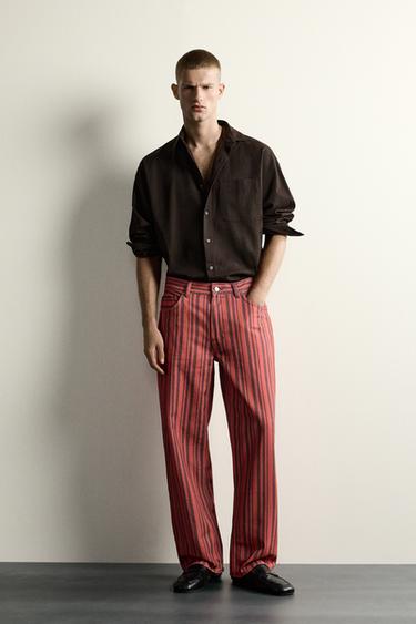 Zara 條紋直筒長褲 - 紅色