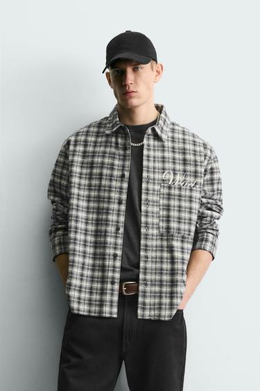 EMBROIDERED CHECK FLANNEL SHIRT - Black / White by Zara