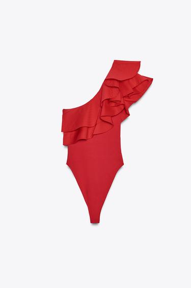 BODY ASIMÉTRICO COMBINADO VOLANTE - Rojo de Zara