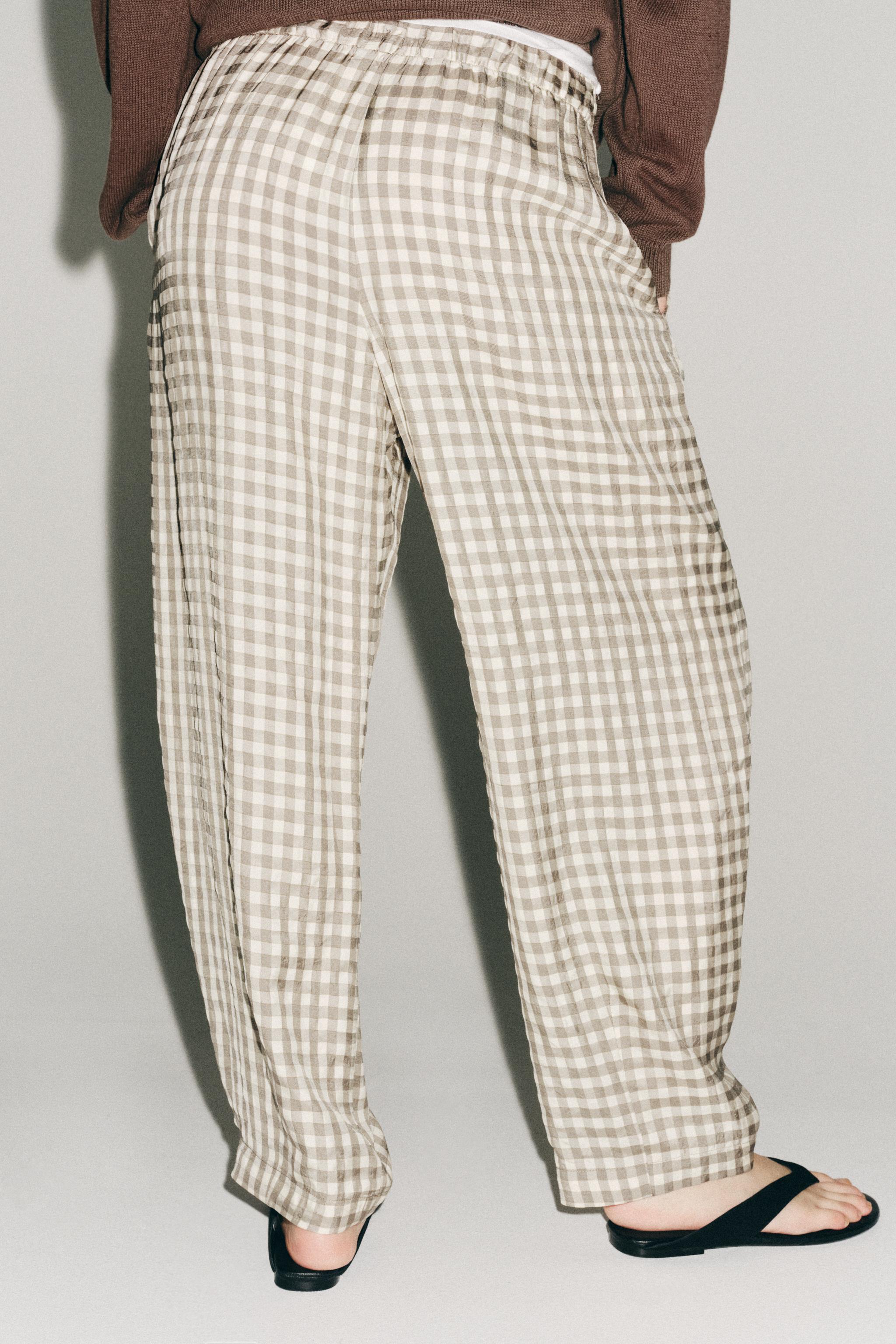 MASU JACQUARD CHECK PANTS（ECRU） ZW COLLECTION FLOWY PLAID PANTS - Ecru | ZARA United States