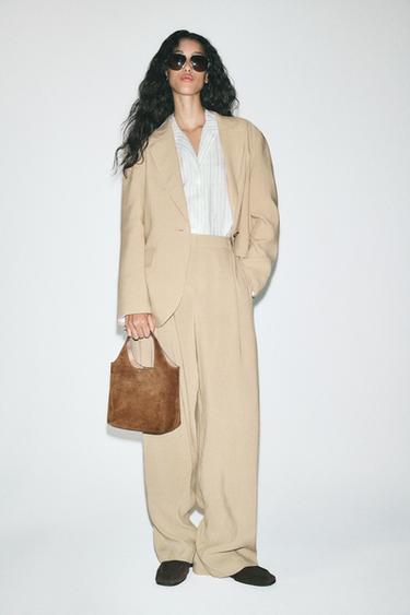 LINEN BLEND WIDE-LEG TROUSERS WITH DARTS - camel by Zara