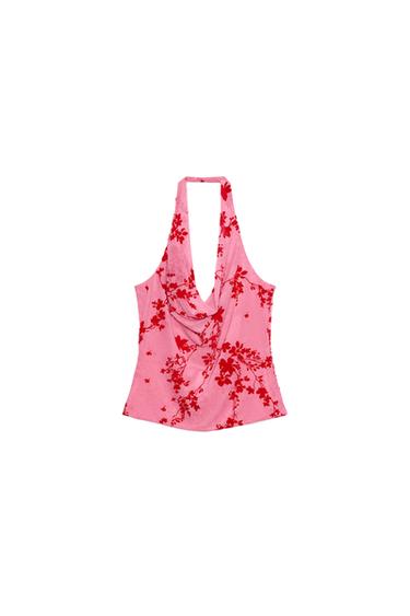 FLOCKED TULLE HALTER TOP