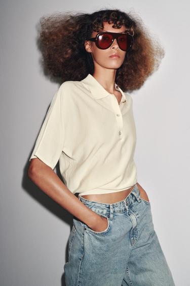 SHORT SLEEVE KNITTED POLO TOP - Ecru by Zara - Image 2