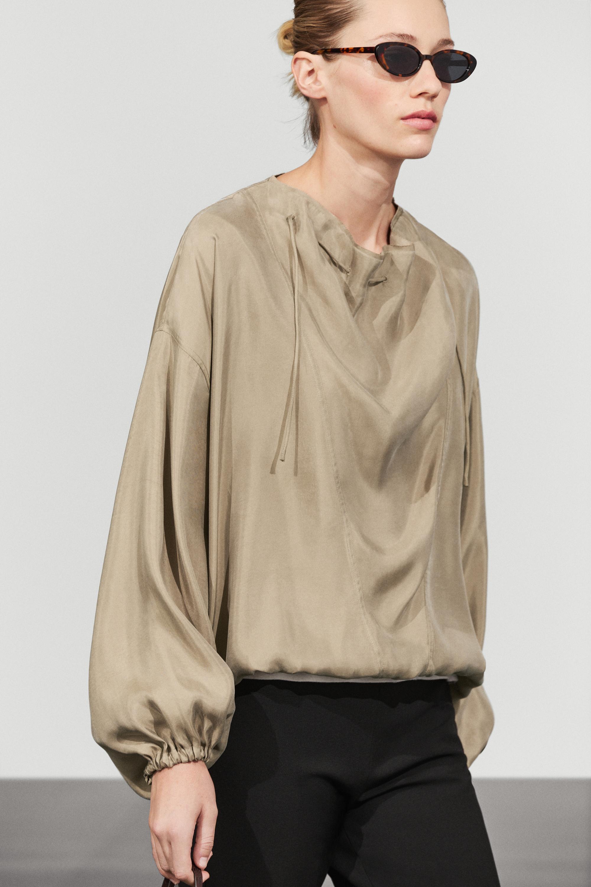 Flowing blouse with drawstring neck detail — Stone