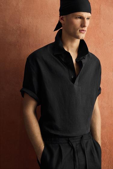 CHEMISE POLO COTON-LIN - Noir de Zara