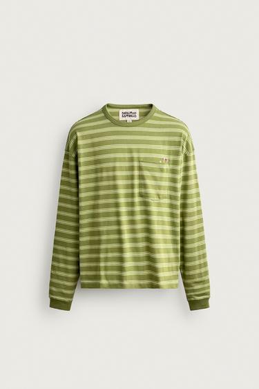 STRIPED T-SHIRT WITH EMBROIDERED POCKET - Greens by Zara