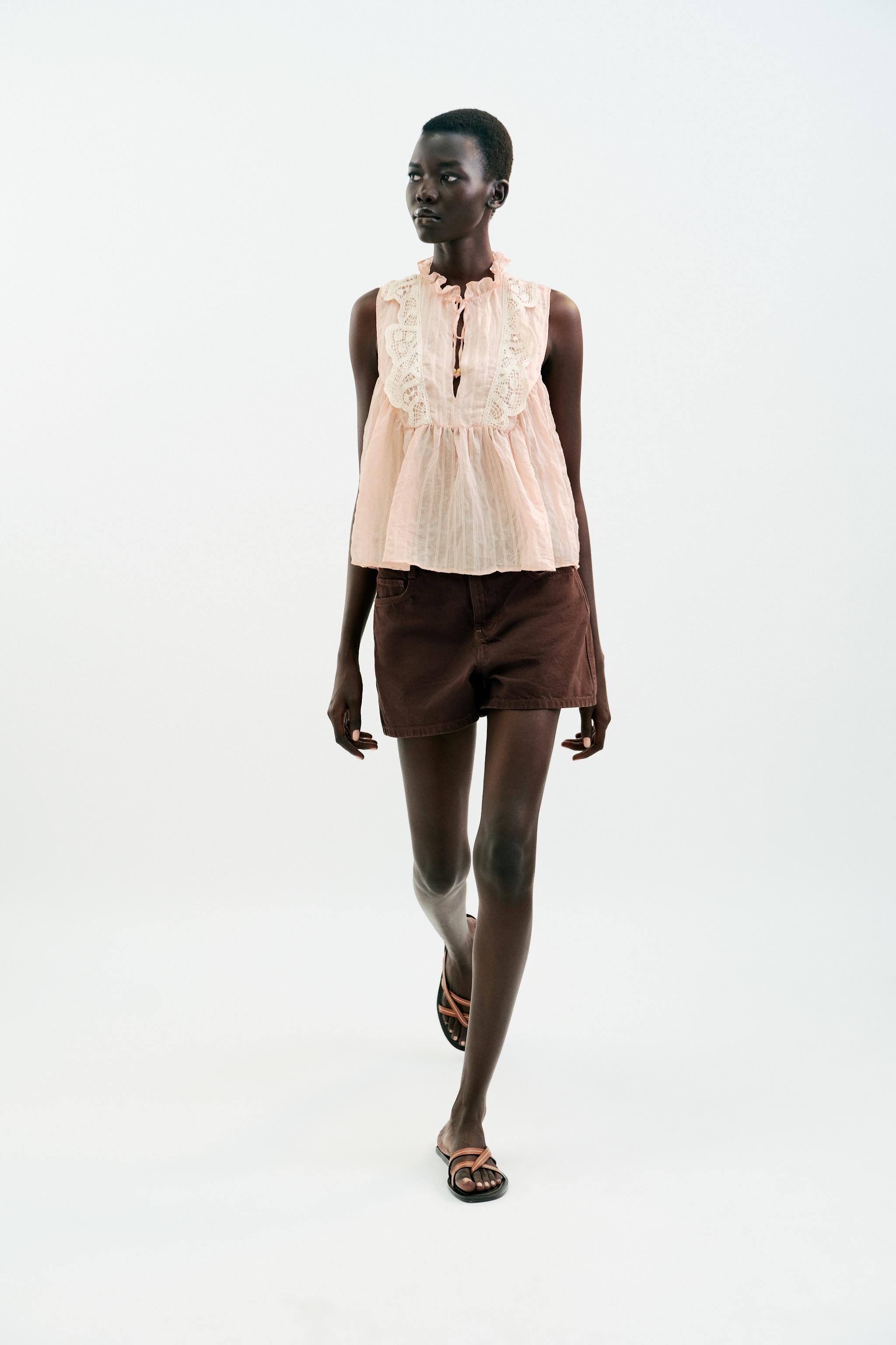 CONTRAST CROCHET CRINKLED EFFECT BLOUSE - Pale pink | ZARA South