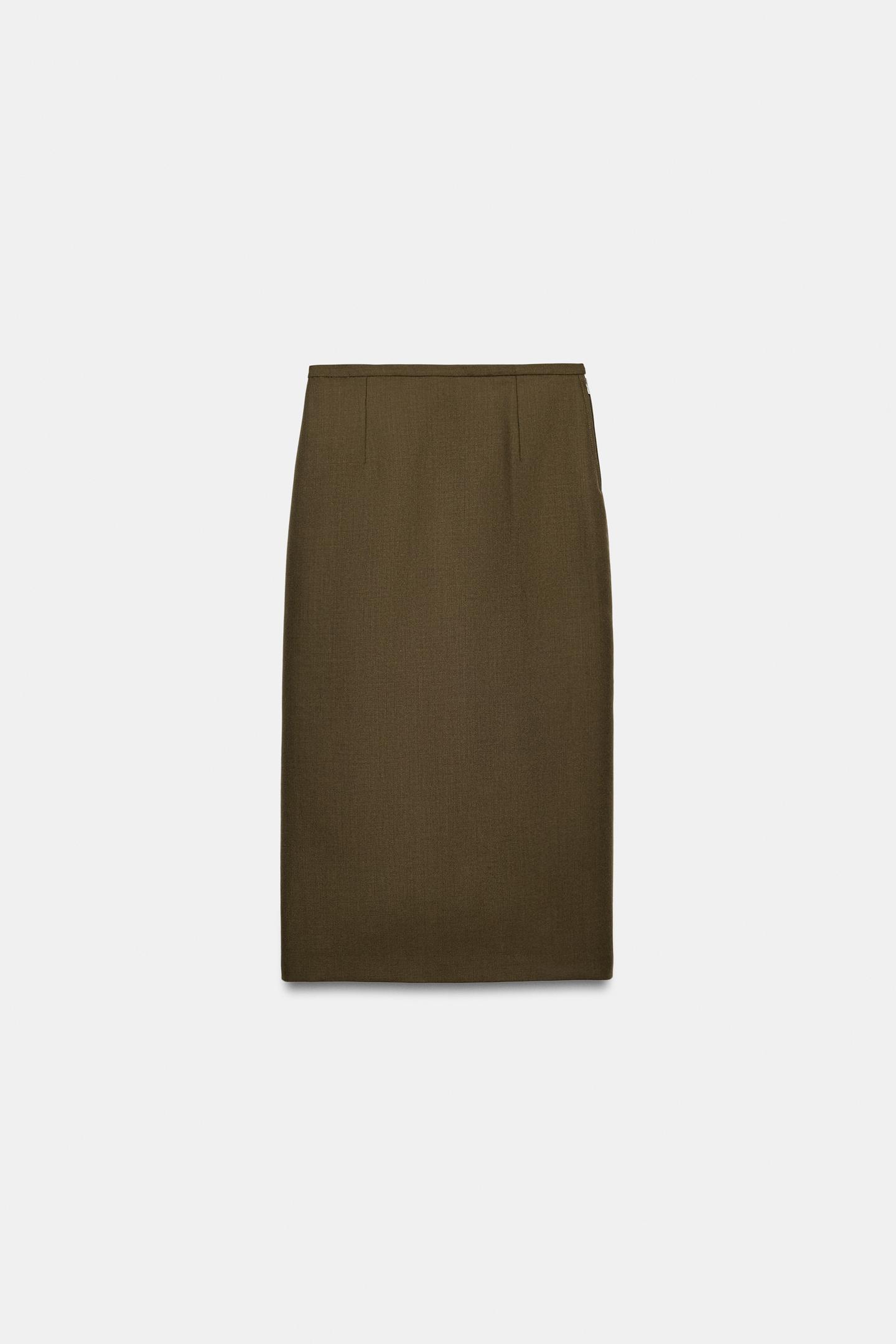 Женская юбка Zara 100% Wool Straight Skirt ZW Collection, цвет: Хаки — фото 6