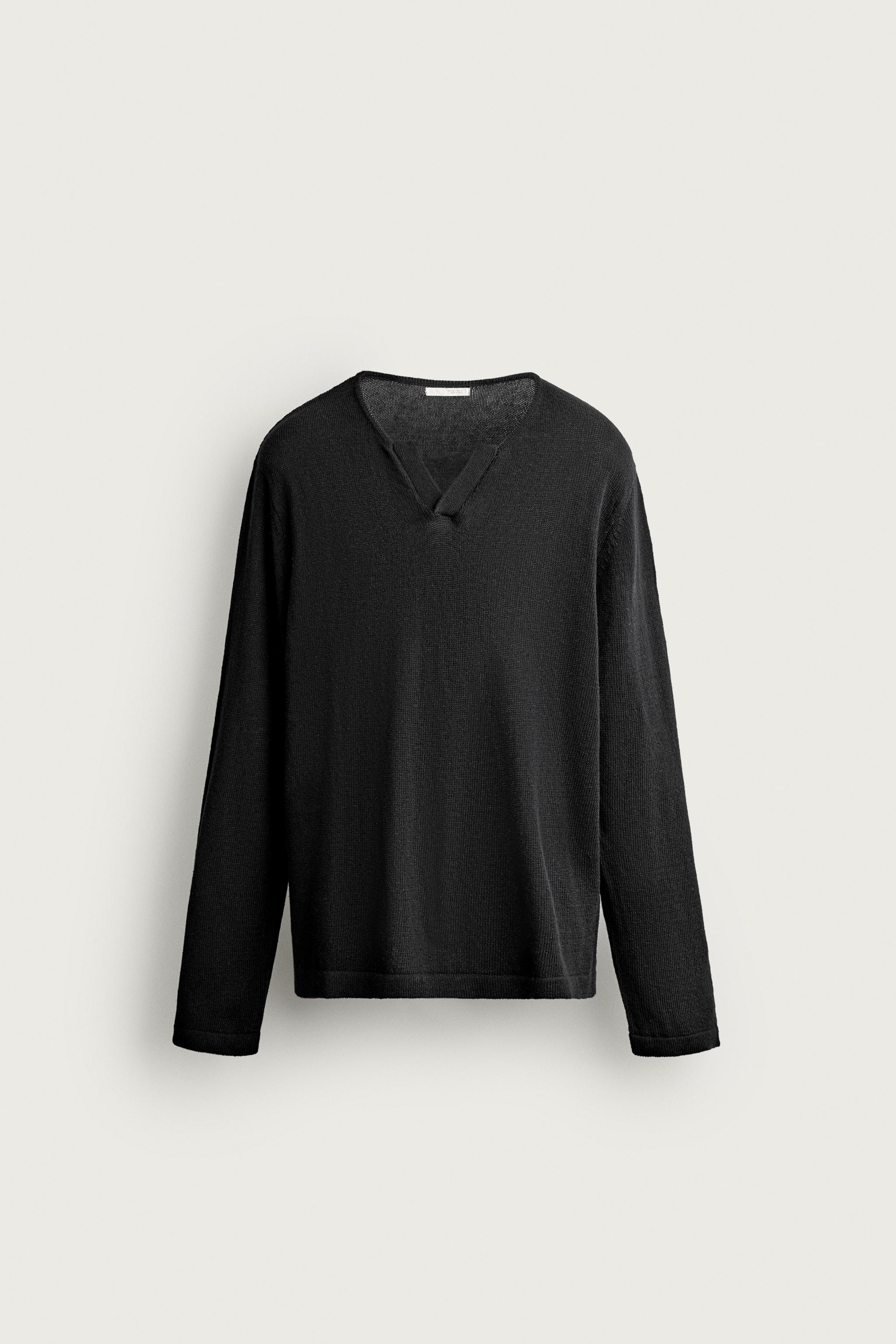 COTTON-LINEN KNIT T-SHIRT — Black