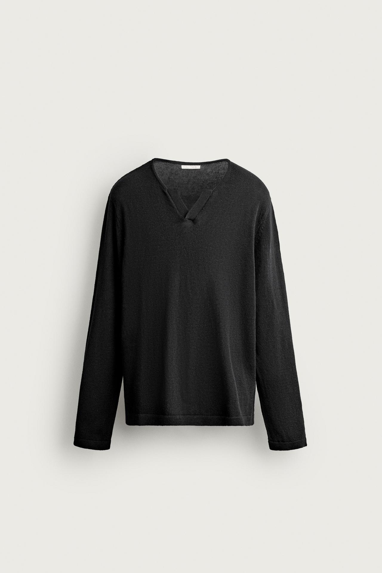 COTTON-LINEN KNIT T-SHIRT — Black