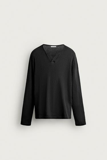 Zara COTTON-LINEN KNIT T-SHIRT - Black