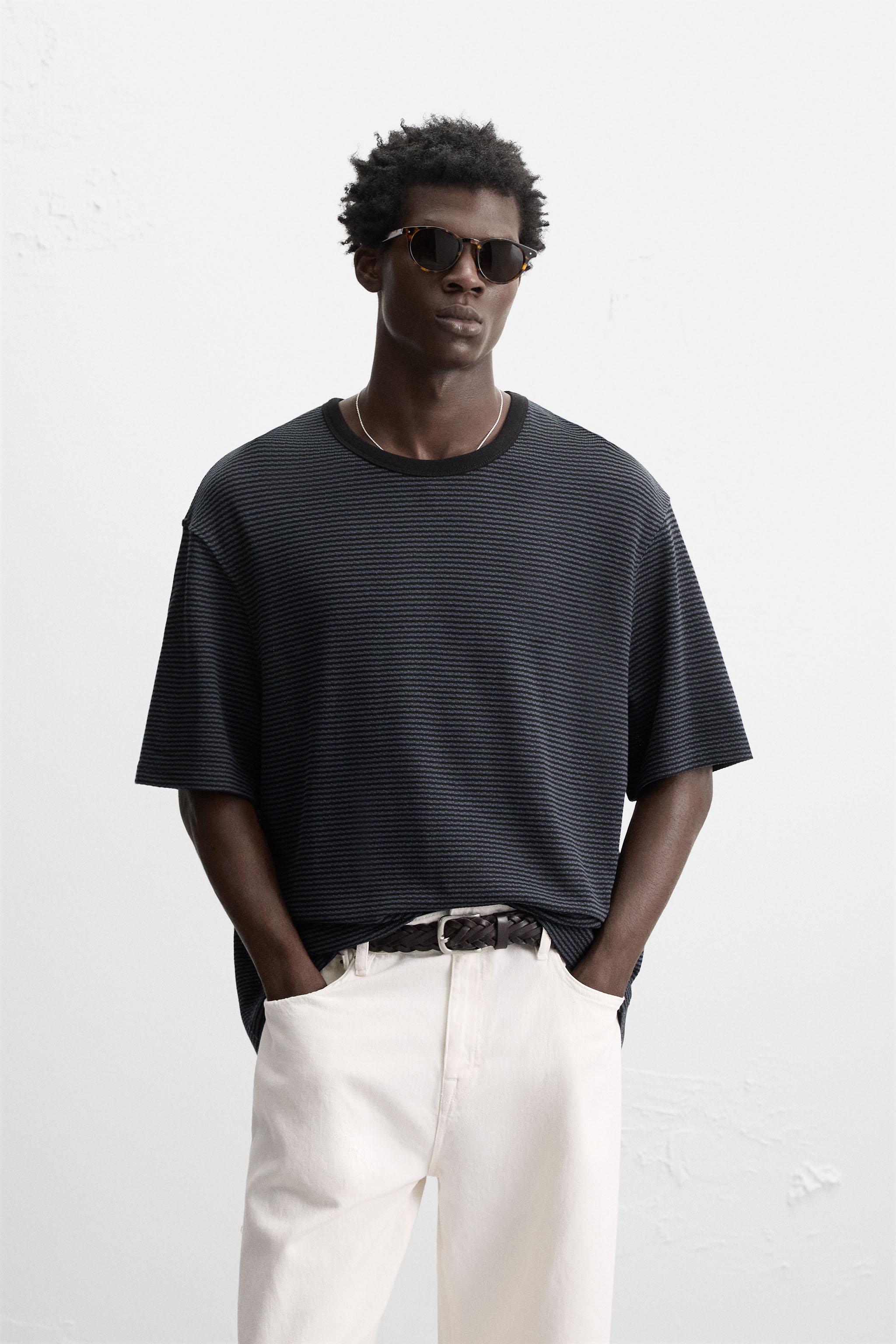国内発送★ZARA★ボタンネックストライプ*Tシャツ ボタンネック チェックTシャツ - ダークネイビーブルー | ZARA