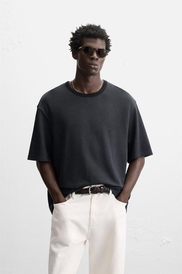 Zara STRIPED JACQUARD T-SHIRT - Blue / Black