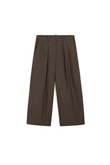 Zara Cotton blend poplin wide-leg pants - Khaki