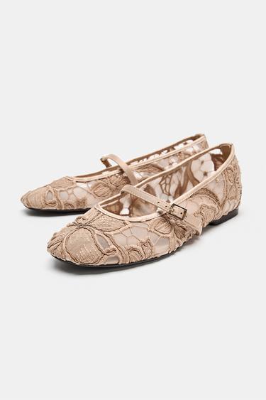 EMBROIDERED MESH BALLET FLATS — Beige 2