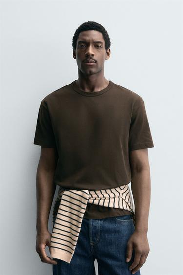 Zara 重磅羅紋邊飾T恤 - 巧克力色