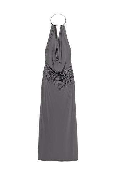Zara DRAPED JEWELED NECK DRESS - Gray