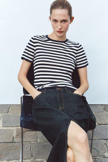 STRIPED SHORT SLEEVE KNIT TOP - Ecru / Navy by Zara