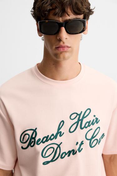 T-SHIRT INSCRIPTION BRODÉE - Rose pâle de Zara - Image 4