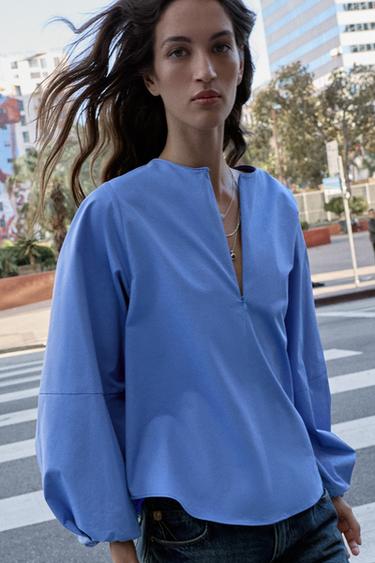 CAMISA MANGA GLOBO POPELINA - Azul claro de Zara