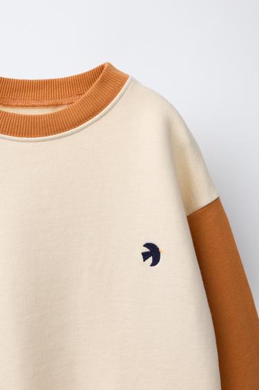 COLOUR BLOCK EMBROIDERED SWEATSHIRT - Ecru / Brown by Zara - Image 2