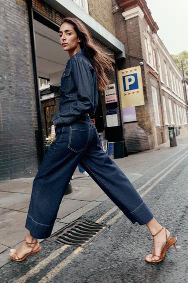 Z1975 WIDE-LEG CROPPED HIGH-WAIST JEANS WITH BELT - Blue by Zara