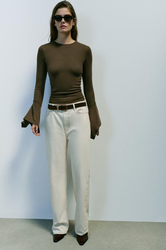 FRILLED SLEEVE T-SHIRT - Khaki by Zara - Image 0