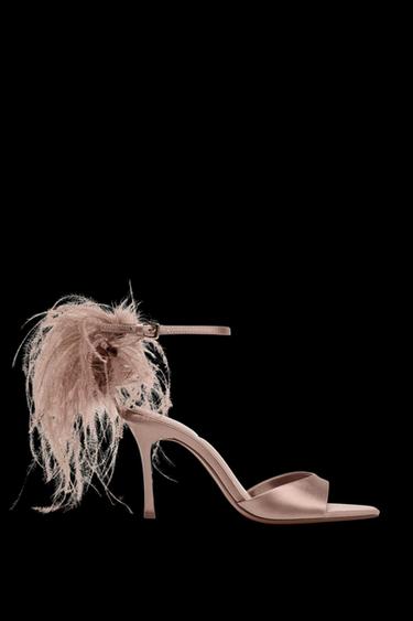 Zara FAUX FEATHER HEELED SANDALS - Beige - Image 0