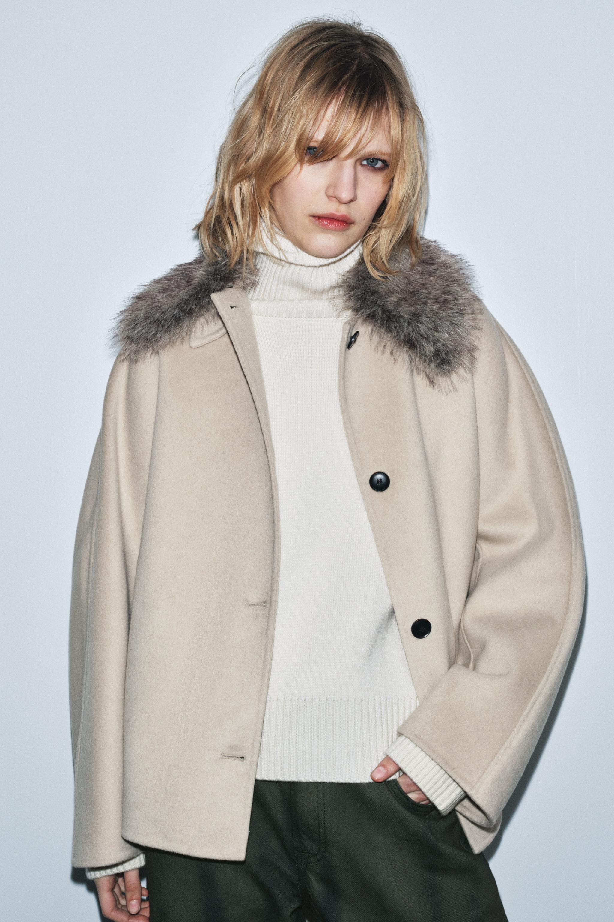 WOOL BLEND FAUX FUR COLLAR JACKET ZW COLLECTION