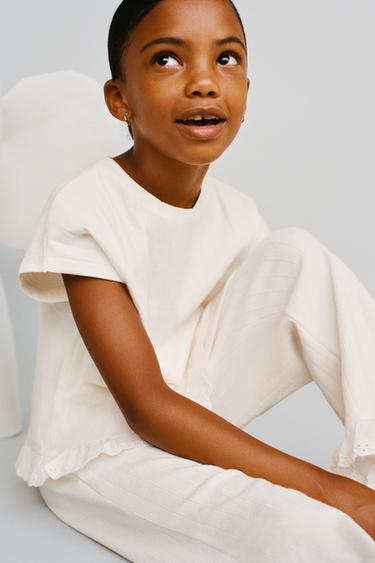 Zara TOTAL LOOK T-SHIRT AND SWISS EMBROIDERED JACQUARD PANTS - MARIGOLD