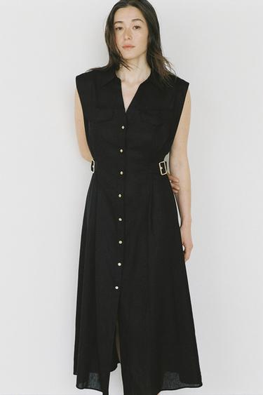 LINEN BLEND MIDI SHIRT DRESS - Black by Zara