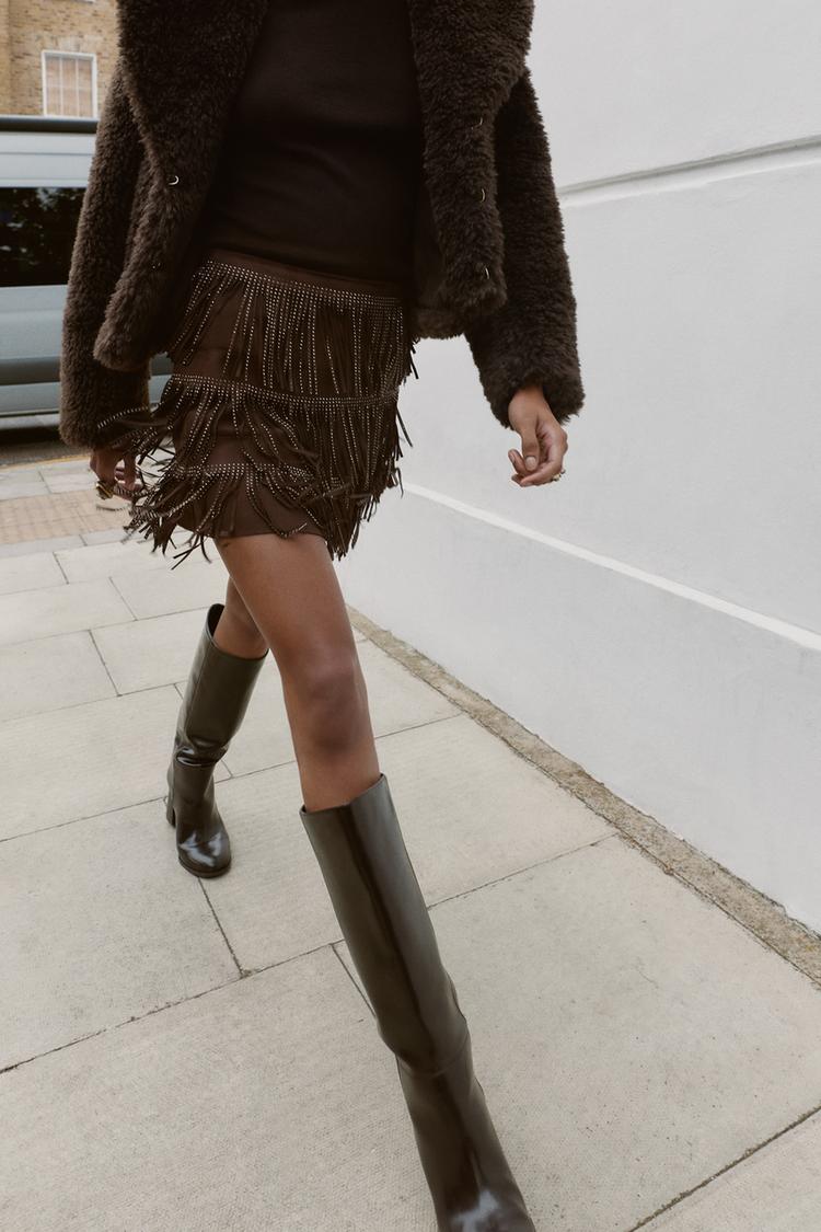 SHIMMERING FAUX SUEDE FRINGE SKIRT