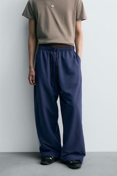 Zara 帶飾科技布料長褲 - 深藍色