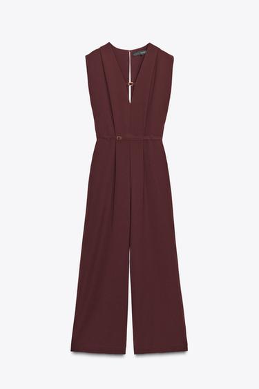 WIDE-LEG JUMPSUIT WITH BELT - Maroon by Zara