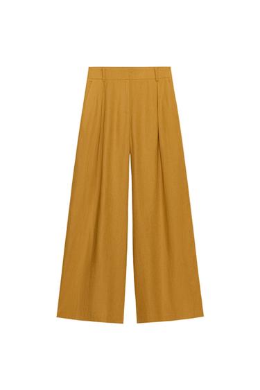 Zara WIDE LEG LINEN PANTS - Curry
