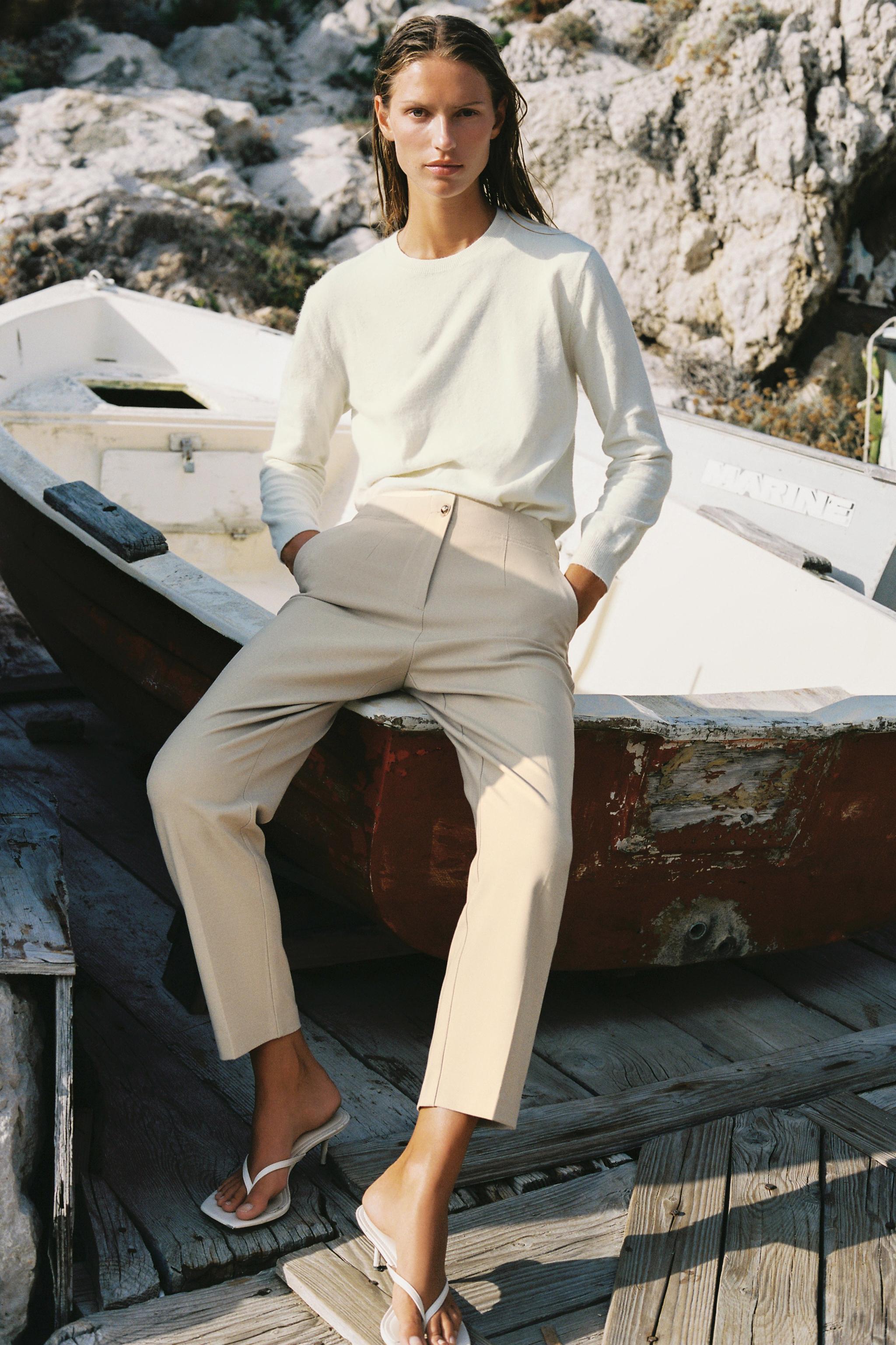 HIGH-WAISTED ANKLE-LENGTH PANTS — Beige