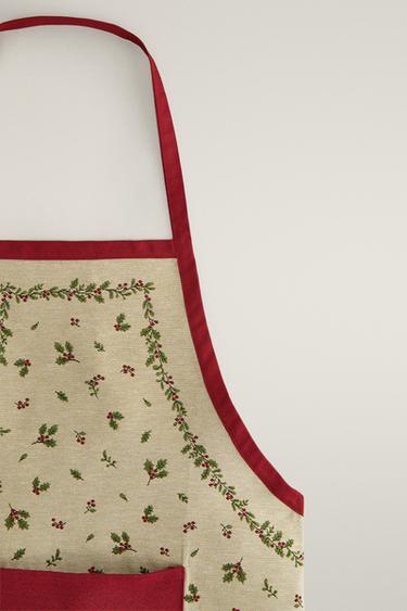 CHRISTMAS HOLLY JACQUARD COTTON APRON — Red 2