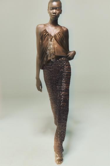 Zara FLARE SEQUIN LEGGINGS - Copper