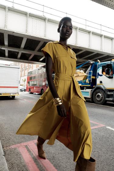 Zara POPLIN MIDI DRESS - Mustard