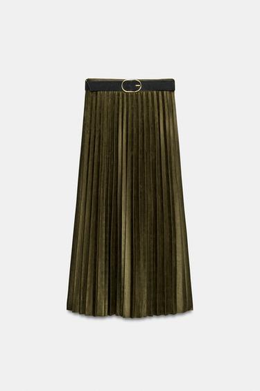 PLEATED MIDI SKIRT WITH BELT - Khaki by Zara - Image 0